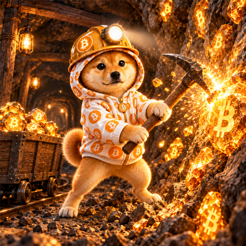 Bitcoin Inu in a miner helmet, striking a glowing Bitcoin in a cave