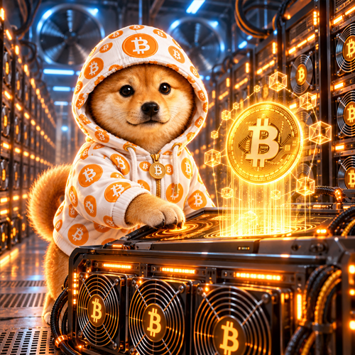 Bitcoin Inu at a glowing Bitcoin mining rig