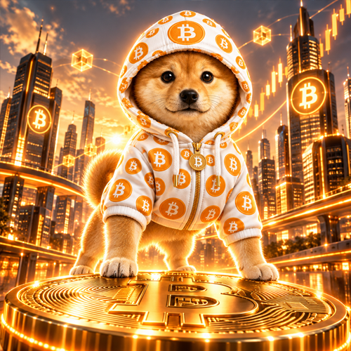Bitcoin Inu standing on a giant Bitcoin above a golden city