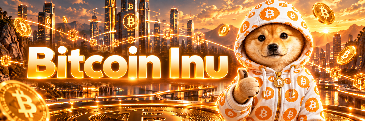 Bitcoin Inu giving a thumbs up in front of a golden Bitcoin skyline